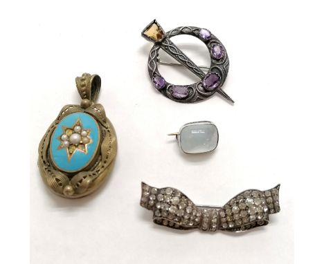 3 x silver brooches inc Scottish set with amethyst (+ loose citrine), bow brooch etc ~ 18.9g total weight of the 3 brooches 