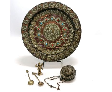 Tibetan semi precious stone set copper &amp; brass wall plaque (31cm diameter) t/w antique brass pilgrims flask, brass deity 