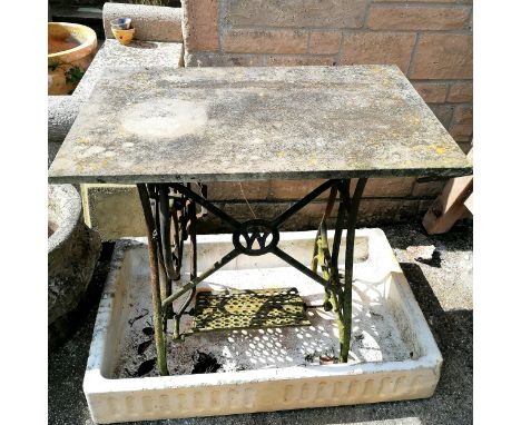 Antique Singer sewing machine base with slate top  73cm high x 72cm x 47cm T/W an antique ceramic sink Condition reportSink h