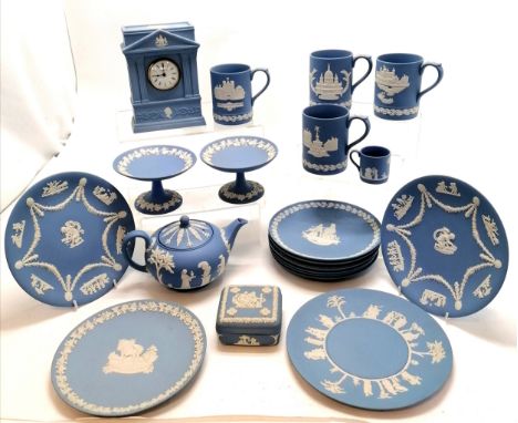 Qty of Wedgwood inc clock, pair of compotes, teapot, 6 christmas plates, 4 christmas mugs, 4 plates etc Condition reportAll i