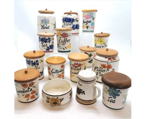 13 x Toni Raymond vintage retro pottery storage jars with lids etc. 