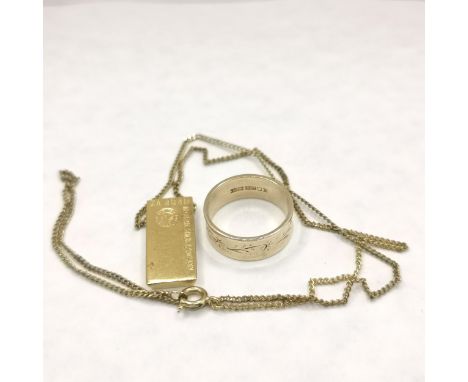 African gold company ingot on yellow metal chain (total weight 7.4g) t/w 9ct gold hallmarked ring (size M &amp; 3.7g) 