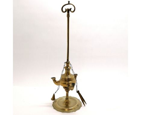 Antique brass students lamp - 47cm high ~ has original tweezers, snuffer &amp; spike &amp; is in good used condition