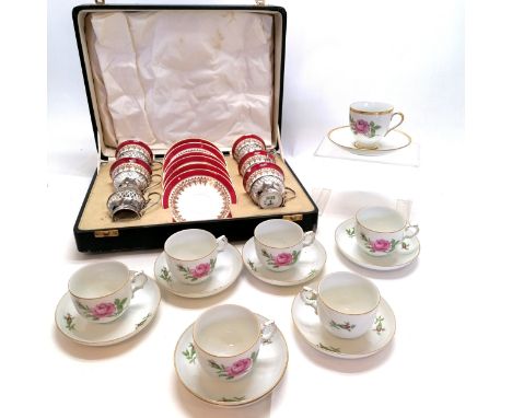 Boxed china coffee cups &amp; Saucers with silver cup holders by Bishop, total silver weight 112g T/W a set of 6 + 1 odd, cof