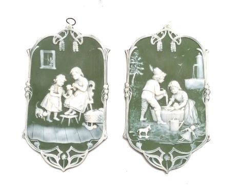 Pair of antique German (?) ceramic jasperware wall plaques depicting children - 16cm long x 9cm Condition report1 has an old 