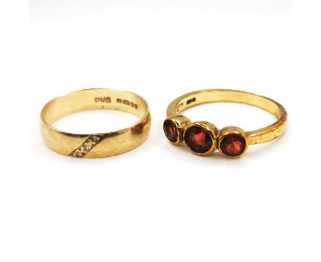 9ct marked gold garnet 3 stone ring (size P) t/w 9ct hallmarked gold band set with 3 chip diamonds (size N) ~ 4.2g total weig