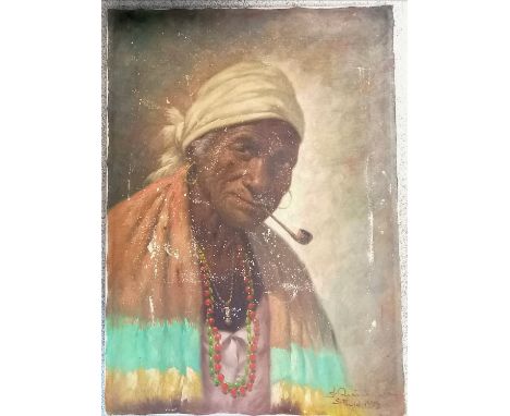 Original signed oil on canvas painting of a South American woman smoking a pipe dated Sao Paulo 1972 ~ 70cm x 50cm Condition 