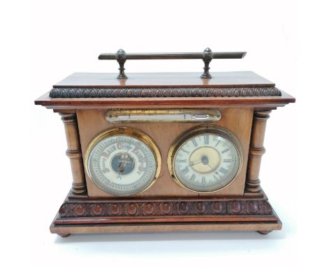 Antique mantle walnut cased display combination clock / barometer / thermometer - 28cm wide 22cm high 10cm deep