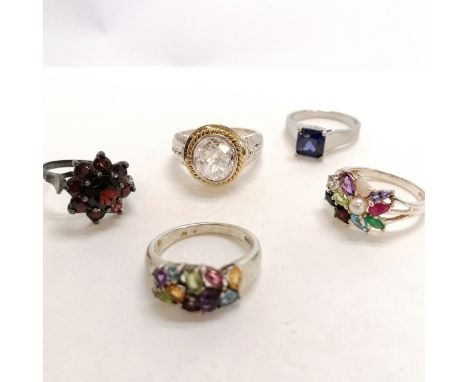 5 x silver stone set rings inc large CZ (size X) &amp; ring multi set with emerald, ruby, pearl, diamond, garnet etc - total 