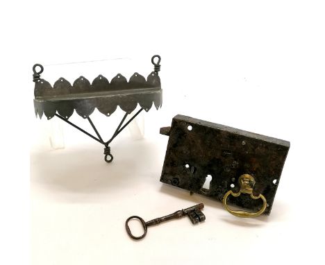 Antique door lock with original key &amp; brass handles (working) t/w hand made demilune wall bracket - 19cm wide 16cm high 1