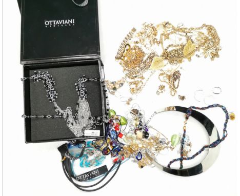 Qty of gold tone jewellery + silver ring &amp; silver pair of earrings t/w qty of glass pendants, jewellery and boxed Ottavia