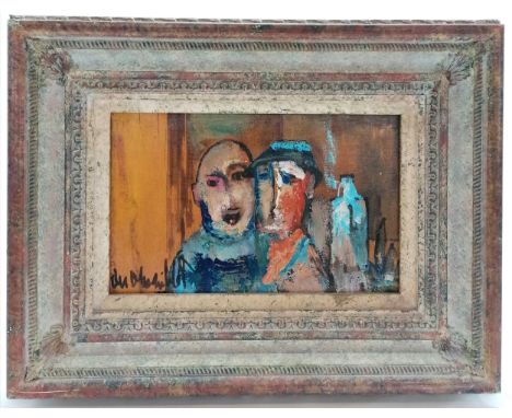 Oil Painting by Albert Du Mesnildot (1922-90) signed and dated 1980, titled 'Deux Hommes et Bouteille' on panel with gallery 