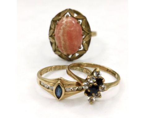 3 x 9ct (2 are hallmarked) gold rings inc 2 sapphire &amp; white stone rings (size L½ &amp; K) &amp; cabochon stone (size O) 