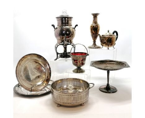 Qty of silver plated wares inc tazza, serving platters, samovar - all slight a/f &amp; ruby glass lined sugar basin with neo-