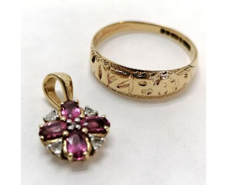 9ct hallmarked gold Mizpah ring - size T½ &amp; 2.6g t/w 9ct hallmarked gold amethyst (4) &amp; white stone set (1 brilliant 