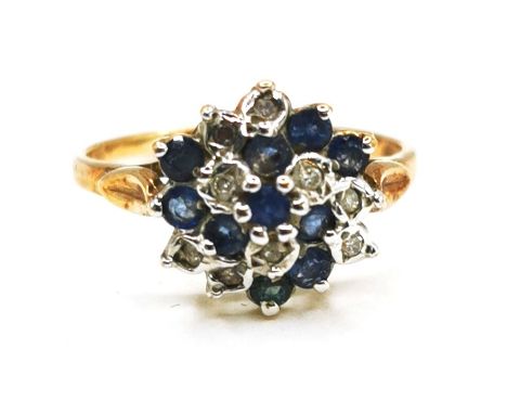 9ct hallmarked gold sapphire (10) &amp; diamond (9) cluster ring - size K½ &amp; 2.2g total weight 