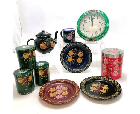 Qty of barge ware inc clock (23cm diameter), biscuit barrel, tea, coffee, sugar, teapot etc