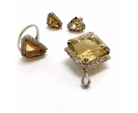 Unmarked large scale citrine &amp; white stone pendant (3.5cm drop) t/w matched unmarked silver citrine ring (size O) + pair 