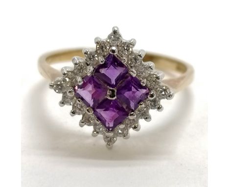 9ct hallmarked gold amethyst / white stone cluster ring - size O½ &amp; 2.2g total weight 