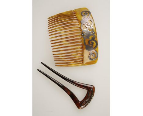 A LARGE TORTOISESHELL HAIR COMB, mounted to the top with a pierced hallmarked silver scroll, c. 14cm wide and an Art Nouveau 