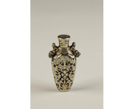 A CONTINENTAL SILVER-GILT AND ENAMELLED SCENT BOTTLE, with blue enamel scrolling leaf decoration, and a Putto on each side, 1