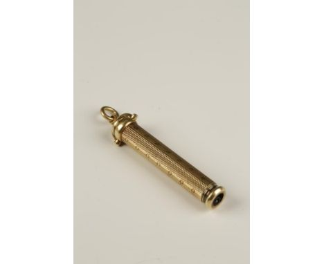 A VICTORIAN YELLOW METAL DUEL PENCIL AND PEN, by S. Mordan & Co. Engine turned decoration, the top set with a bloodstone and 