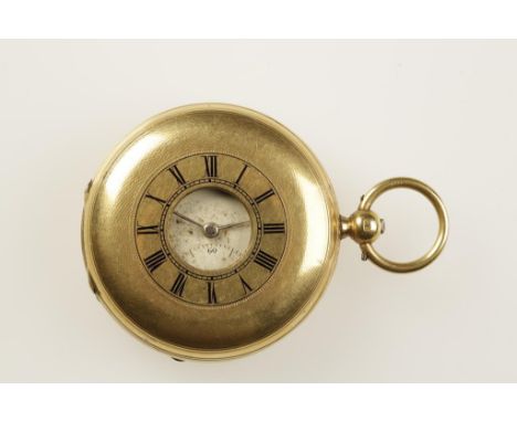 A GENTLEMANS 18CT YELLOW GOLD HALF HUNTING CASED POCKET WATCH, the white enamelled dial with Roman numerals and subsidiary se