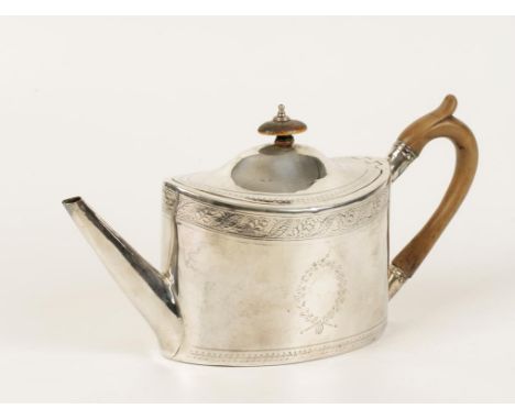 A GEORGE III TEAPOT of oval form with bright-cut engraved borders, wooden scroll handle and finial, by Robert & David Hennell