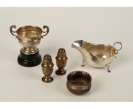 A SAUCEBOAT, a small presentation bowl on a plinth, a sugar bowl, and a pair of peppers, mixed makers and dates (c.11.8oz wei