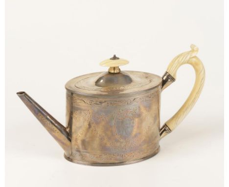 A GEORGE III TEAPOT of oval form with ivory scroll handle and disc finial, the body bright-cut decorated with floral swags, c