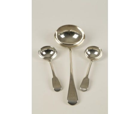 A GEORGE III SOUP LADLE of Old English pattern, crested, by Solomon Hougham, London 1817, 11" long, and a pair of fiddle patt