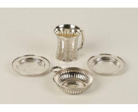 A WINE TASTER of conventional form, by CJ Vander Ltd, London 1932, a christening mug and a pair of small Victorian hammered d