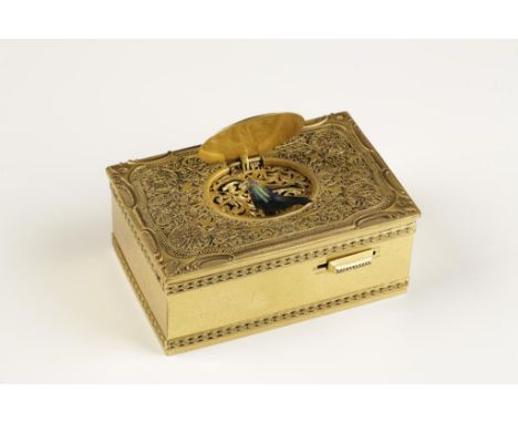 A GERMAN SILVER-GILT BIRD AUTOMATON MUSIC BOX, by Karl Griesbaum. The rectangular box with filigree decoration to the top, tw
