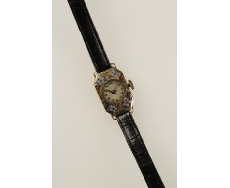 A LADIES 9CT YELLOW GOLD AND ENAMEL WRISTWATCH, the round dial with Arabic numerals, enclosed in a floral enamel case, attach