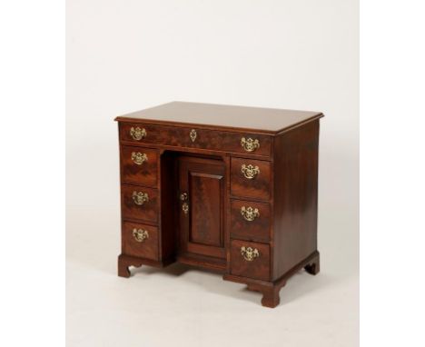 A MAHOGANY KNEEHOLE LADIES WRITING DESK, the rising rectangular top with moulded border opening to a fitted interior with div