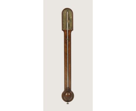 A MAHOGANY AND EBONY STRUNG STICK BAROMETER, the brass scale signed 'Jas. Field, Bath' with central mercury filled tube and d