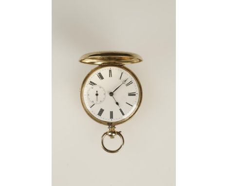 A GENTLEMAN'S 14K YELLOW GOLD HUNTING CASED POCKET WATCH, the white enamelled dial with Roman numerals and subsidiary seconds