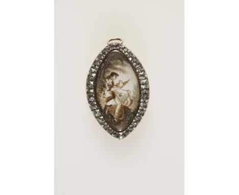 A REGENCY PASTE-SET MINIATURE MOURNING BROOCH of navette form, painted to the centre en grisaille, with a woman with a heron 