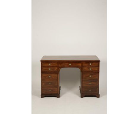 A GEORGE III STYLE MAHOGANY TWIN PEDESTAL WRITING DESK, the rectangular top with moulded border and broad crossbanding above 