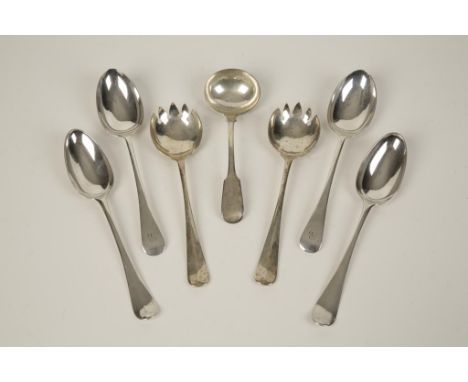 A PAIR OF SALAD SERVING FORKS by Viners, Sheffield 1836, a Newcastle sauce ladle, a pair of bottom marked tablespoons and a f