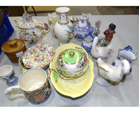 A pair of Crown Staffordshire candle holders, a flower-encrusted ceramic baluster vase, Maling, Carlton Ware and other cerami