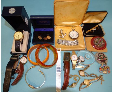 A silver hinged bangle, a silver-cased pocket watch (a/f) and a quantity of watches and costume jewellery. 