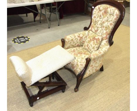 A Victorian button-back salon chair with carved frame and serpentine seat, a late-Victorian articulated folding foot stool, a