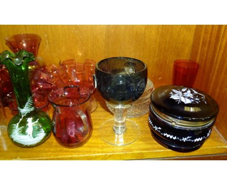 A Victorian amethyst glass box and cover with enamelled foliate decoration, 12cm diameter, various cranberry glass dishes, ju
