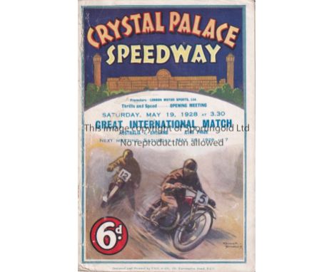 SPEEDWAY ENGLAND / AUSTRALIA Crystal Palace Speedway home programme England v Australia 19/5/1928. Small split at upper spine
