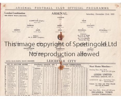 ARSENAL Home programme Arsenal Reserves v Leicester City Reserves 23/12/1933. Centre pages detached due to rusty staples. Sco