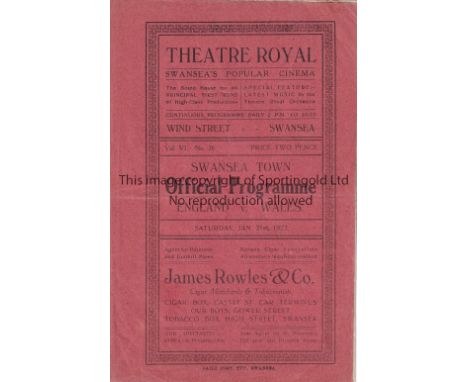 WALES / ENGLAND / SWANSEA Programme Wales v England Amateur International at Swansea 21/1/1922. Light horizontal fold. No wri