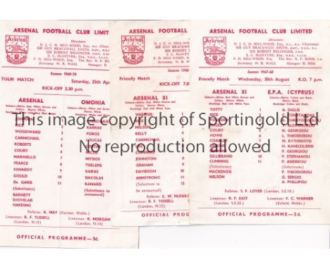 ARSENAL A collection of 3 Arsenal home programmes all single card friendlies v EPA (Cyprus) 1967/68, Apoel 1968/69 (light hor
