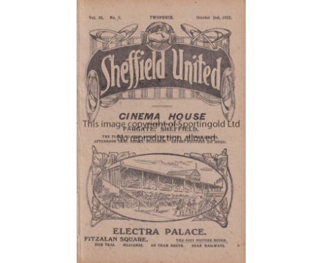 SHEFFIELD UNITED V ARSENAL 1922 Programme for the League match at Sheffield 2/10/1922. Ex-binder. Generally good