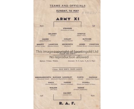 MILITARY MATCH Single card programme Army XI v RAF in Bombay 7/5/1944. Players from Manchester United , Leeds , Arsenal , Bla